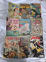Photo shows 9 comic books laid out on orange bedding, featuring Top Dog, Iron Man, Starlin, Moby Duck, Dumbo, Ghost Rider, Porky Pig, Beauty and The Beast, and We Are Robin comics.