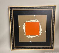 Square vintage poster with an orange central square surrounded by stylized abstract human figures and dots, bordered with black containing exhibition text.