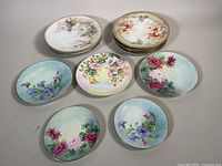 Various plates arranged showing different floral designs and sizes