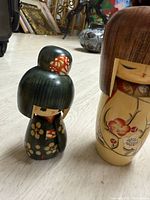 Photo showing two Kokeshi dolls, one with black hair and floral kimono and part of the larger doll with wooden hair and beige kimono.
