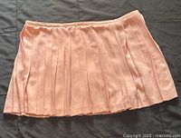 Close-up photo of a pink pleated skirt lying flat, showing vertical pleats and waistband.