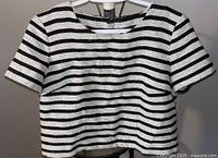 Front view of the black and white striped crop top with rounded neckline and short sleeves, hanging on a white hanger against a wall.