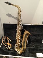 Full view of alto saxophone assembled with mouthpiece, ligature and strap in open hard case