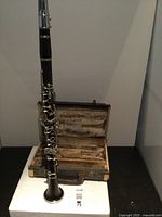 Full view of wooden clarinet standing in its open vintage carrying case showing interior lining and condition of case.