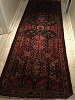 Full length view of the large Persian oriental runner rug laid out in a hallway.