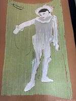 Full view of canvas artwork depicting a standing figure in muted tones with green background and brown border.