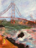 Close-up of the front of the painting showing the Golden Gate Bridge in fog with water and rocks in the foreground.