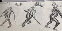 A collection of original pastel and charcoal figure study sketches by Richard Trost showing male forms in various poses.