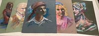 Photo of all 5 pastel portraits by Richard Trost displayed together, showing diverse human subjects and different colored backgrounds.