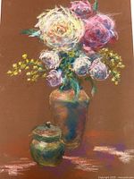 Full view of original pastel still life painting, showing floral arrangement in vase with small covered pot, warm brown background.