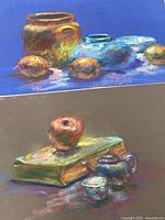 Two pastel artworks shown together, one featuring pottery and fruits, the other a book with apple and teapot.