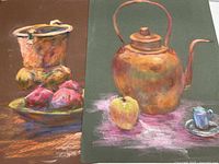 Photo showing two original pastel paintings by Richard Trost depicting still life scenes with kitchen vessels and fruit.