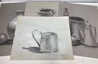 Four monochromatic pastel still life paintings laid out, showing various vessels and fruits in grey tones, one signed by Richard Trost.