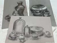 Three monochromatic pastel still life paintings laid out demonstrating size and composition variety.