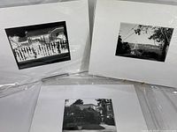 Three photo prints in white mats with protective poly sleeves, showing partial views of each print and mat in glare.
