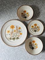 Full view of all four dishes — one large plate, one smaller side plate, and two bowls — showing the floral pattern and speckled background.