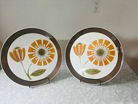 Two Mikasa Duplex by Ben Seibel plates displayed on stands, showing the floral pattern and brown rim.