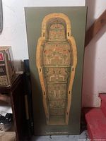 Poster showing an Egyptian sarcophagus with detailed artwork and hieroglyphs.
