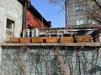 Photo of the three wine boxes arranged outdoors with garden tools and containers behind, showing size and patina.