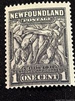 Close up photo of a grey and black Newfoundland postage stamp from 1932, denomination one cent, depicting a pile of codfish with detailed engraving and textual information.