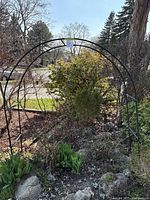 Front view of the black metal garden trellis arch installed outdoors in a garden setting with plants and shrubs around it.