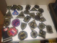 Photo shows a collection of military arm patches varying in shape, color, and insignia arranged on a white surface.