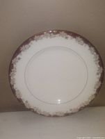 Front view of the vintage Royal Doulton plate showing white porcelain with gold and brown grapevine border on rim.