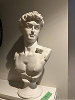 Front view of white bust showing head, shoulders and pedestal