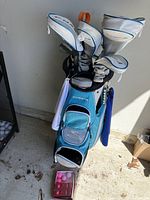 Full view of Cobra F-Max clubs in blue/white stand bag with pink golf balls at base