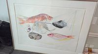 Full view of framed artwork showing five fish in pastel and graphite with signature visible