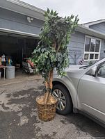 Full view of the large artificial tree outdoors next to a car showing the tree with dense green leaves and wicker basket base.