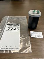 Pair of earrings displayed alongside MaxSold bag with lot label