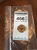 Gold tone metal nursing school pin with red and green enamel accents inside a clear plastic bag with maxsold label.