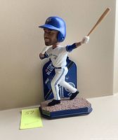 Front angled view of the Jose Bautista bobblehead in Toronto Blue Jays uniform showing the full figure and base with display card in the background.