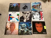 Wide shot of all nine vinyl record covers showing variety of artists, mostly rock and pop