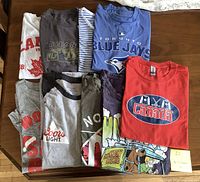 Photo of nine men's size L T-shirts laid out on a table showing various designs and colors.
