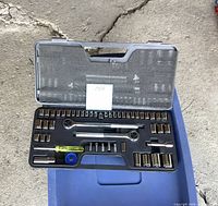 Socket set in blue carrying case shown closed with foam lining
