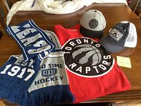 All four items arranged on table: Raptors t-shirt, Leafs scarf, Leafs baseball cap, Bronx baseball cap, showing logos and color details.