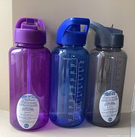 Photo showing three new plastic refillable water bottles in purple, blue with volume markings, and gray, each with a screw-on lid and handle.