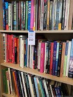 Overall view of three shelves filled with assorted books