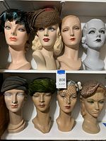 All eight mannequin heads displayed on two shelves