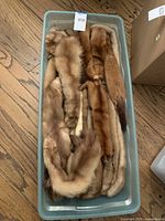 Five mink fur scarfs stacked in a plastic container displaying their full pelts in various brown shades.