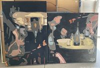 Two original abstract oil paintings side by side, showing overall state and color scheme.