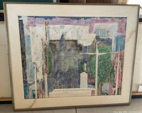 Framed artwork showing abstract collage and acrylic “Buildings and Trees” by Philippa Hunter with visible water stains on mat and slight discoloration along edge.