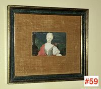 Front view of the small antique painting showing the full frame and mat with the Georgian lady portrait centered.