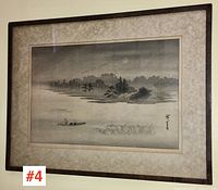Framed full view of the Japanese landscape print showing the entire artwork including the mat and frame with subtle aging marks on the mat