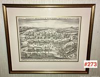Framed antiquarian print with #273 tag visible, hanging on wall.