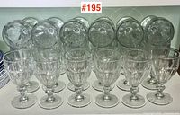 Front view of 24 clear glass goblets in two rows showing ribbed pattern and rounded stem feature.