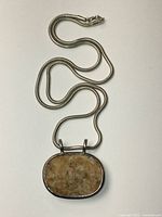 Full view of pendant and coiled chain on white background