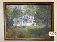 Straight-on view of framed painting showing house and surrounding trees